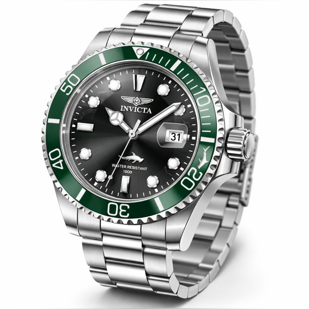 Invicta Pro Diver Date Quartz Black Dial Green Bezel 43mm Mens Watch 50943